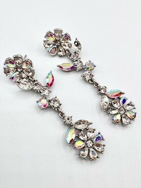 INC AB Rhinestone Flower Drop Earrings Silver Tone Fairycore Ethereal Dazzling